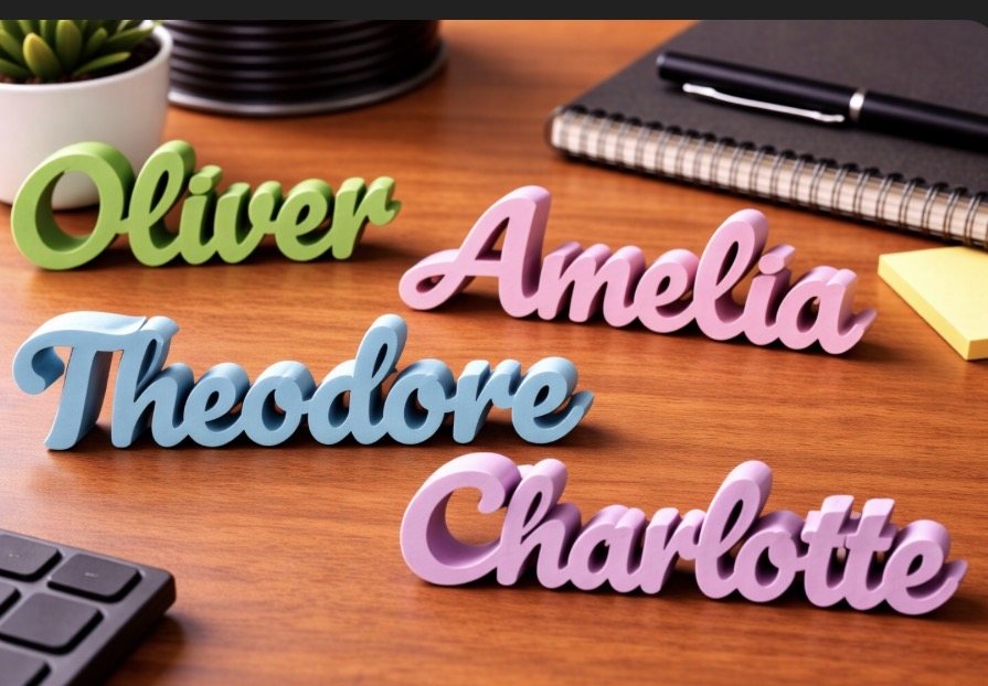Freestanding name plates in script letters in green, pink, blue and lilac
